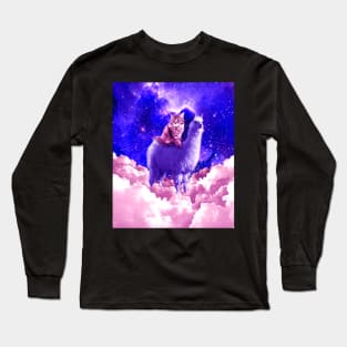 Outer Space Galaxy Kitty Cat Riding On Llama Long Sleeve T-Shirt